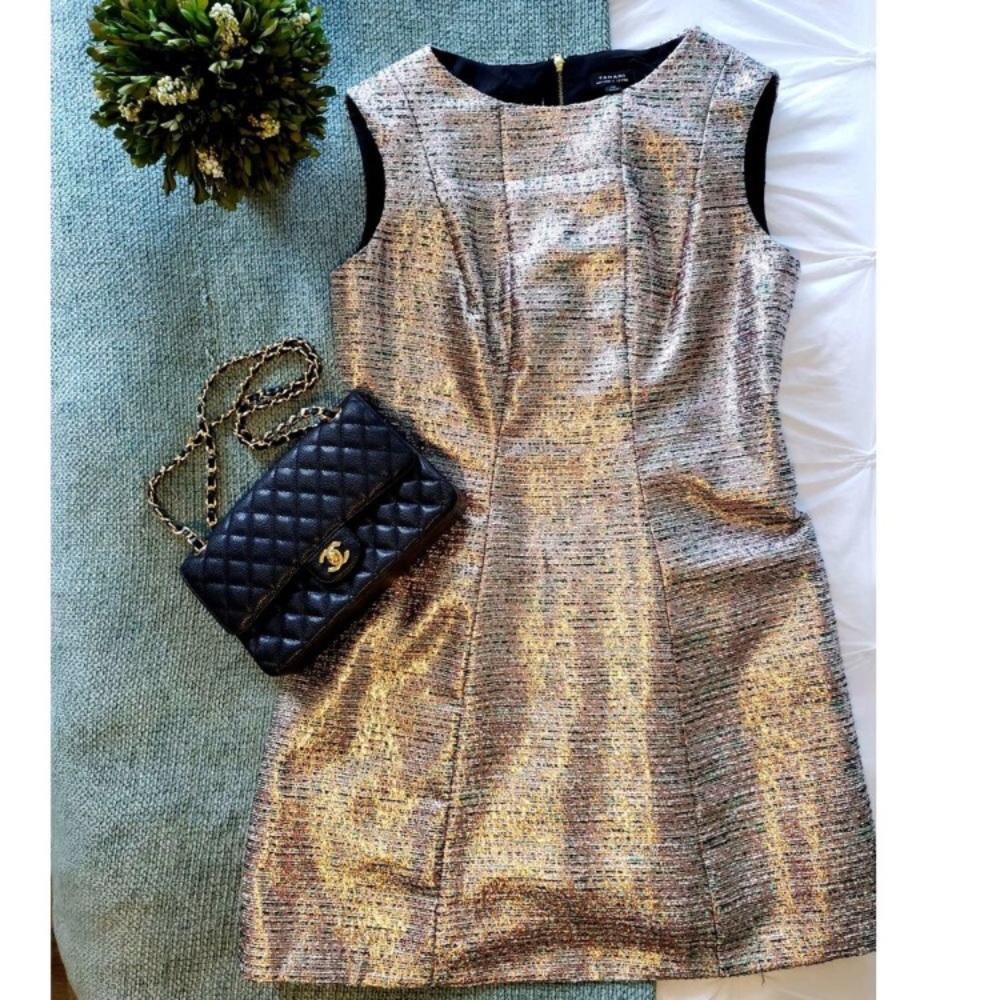 Tahari Plus Gold Metallic Sheath Sleeveless Dress.